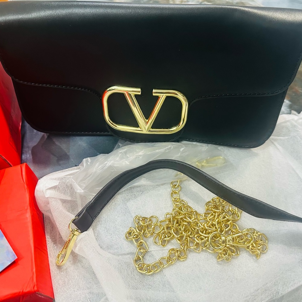 Black Leather Bag with Gold Chain